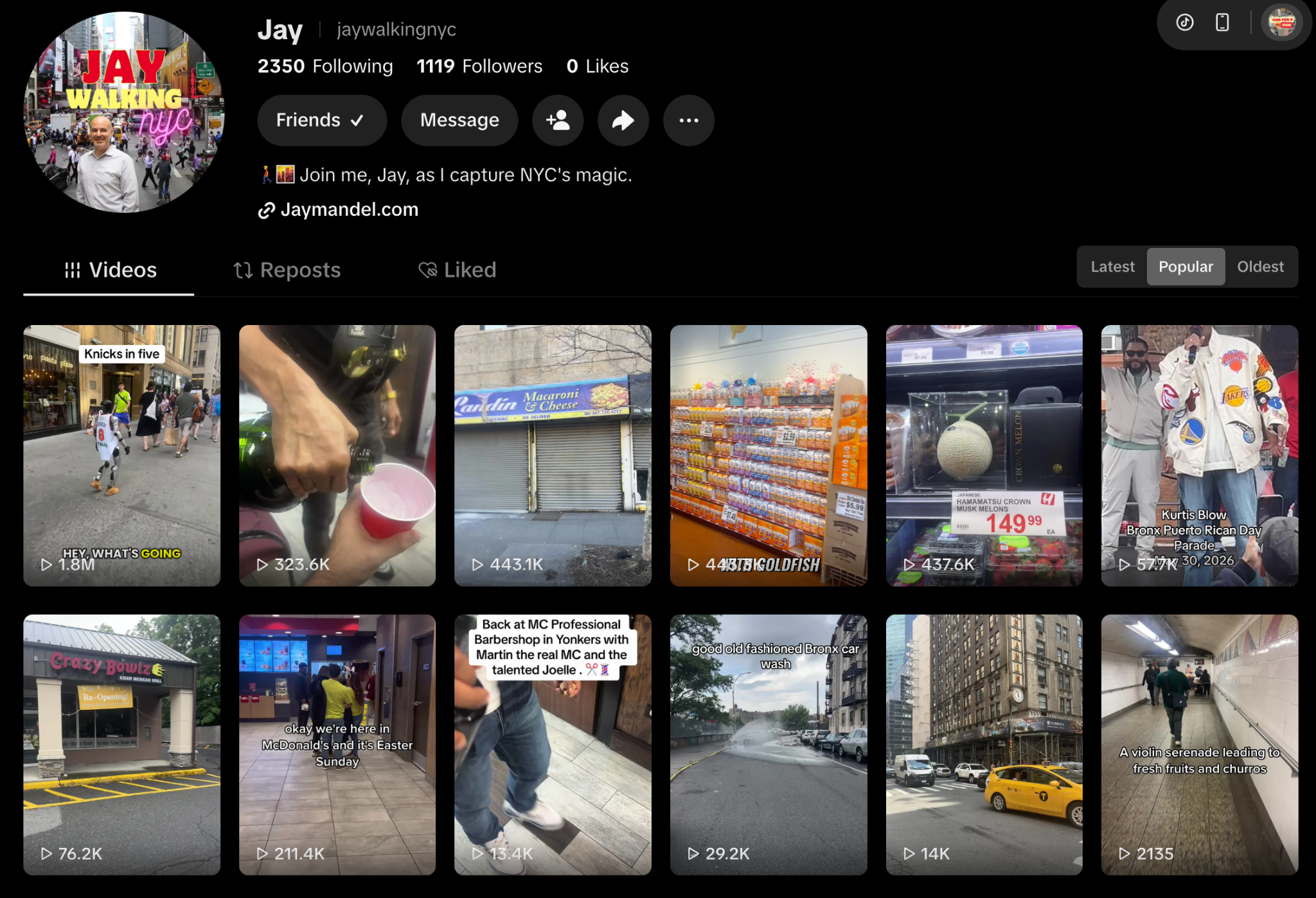Jaywalking NYC TikTok profile and video grid with displayed view counts, captured October 9, 2026