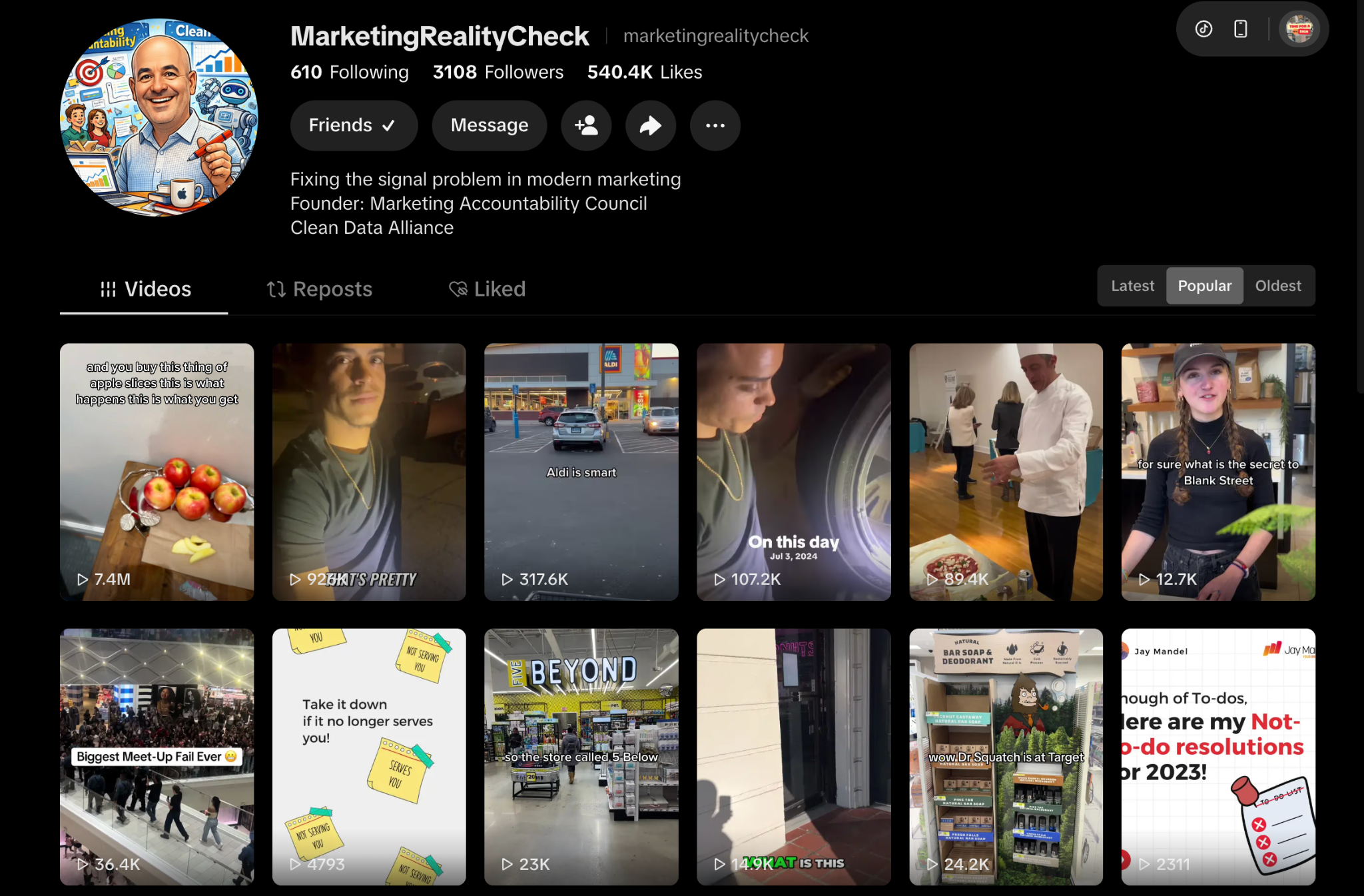 Marketing Reality Check TikTok profile and video grid with displayed view counts, captured October 9, 2026