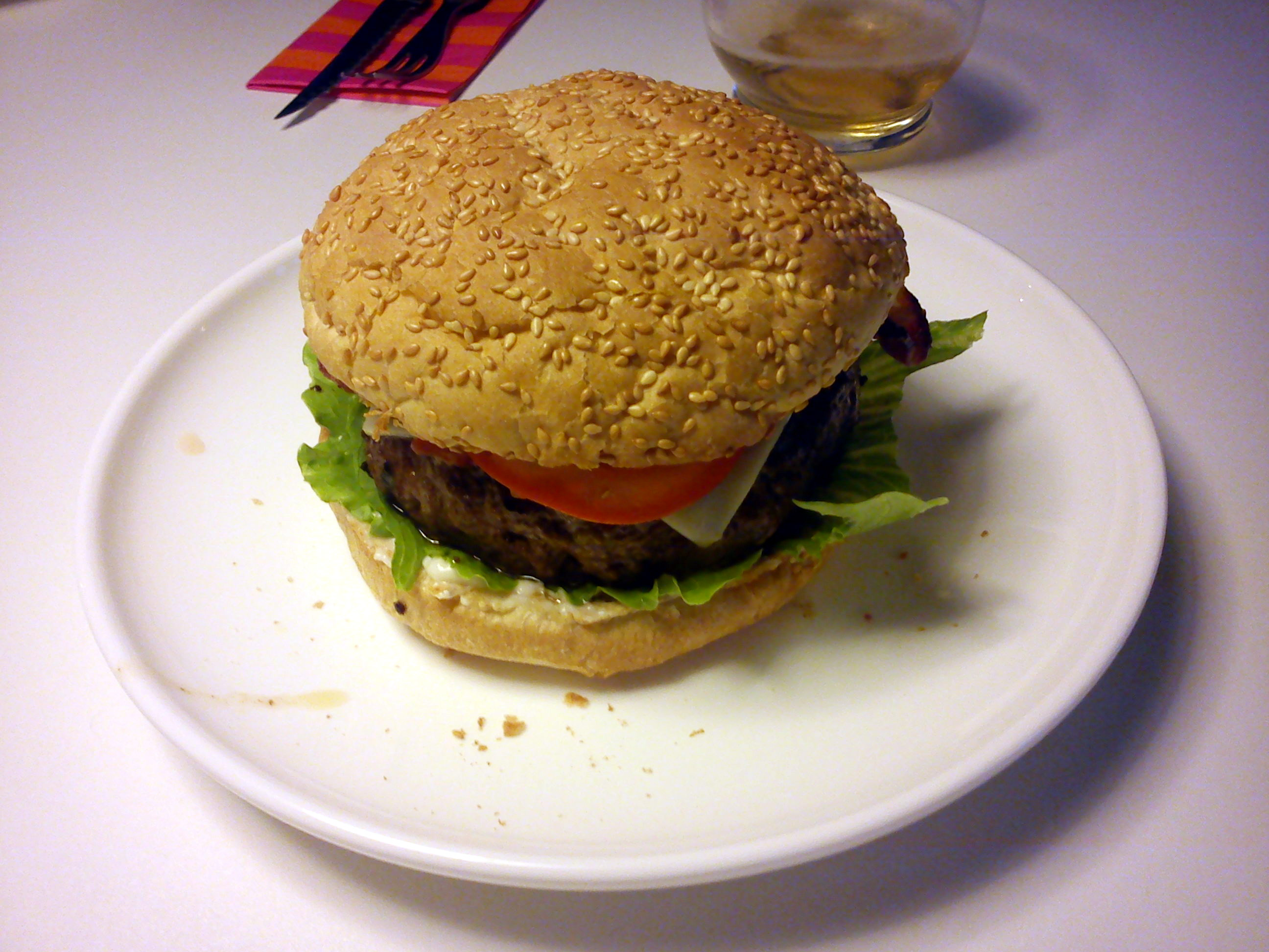 A sesame-bun hamburger on a plate