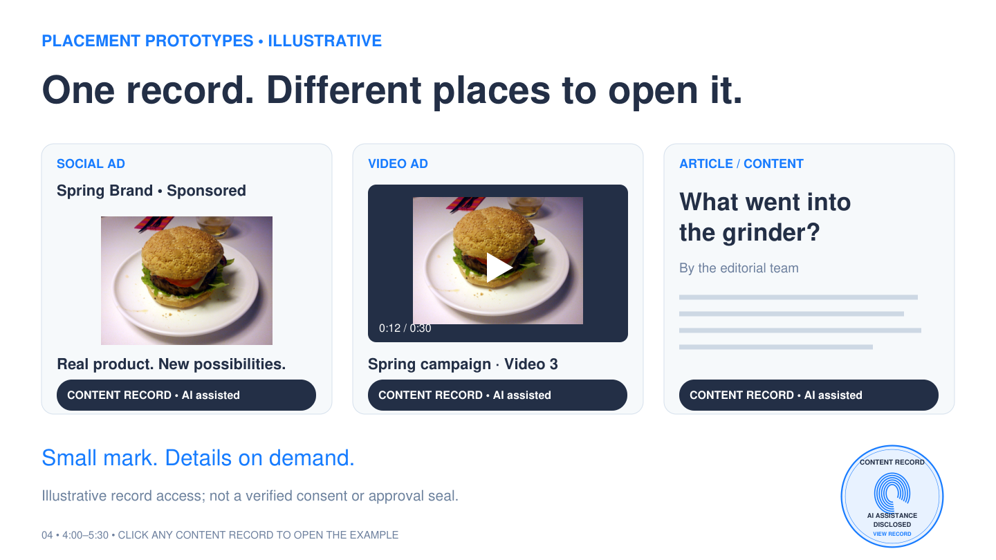 Illustrative content record marks on a social ad, video, and article